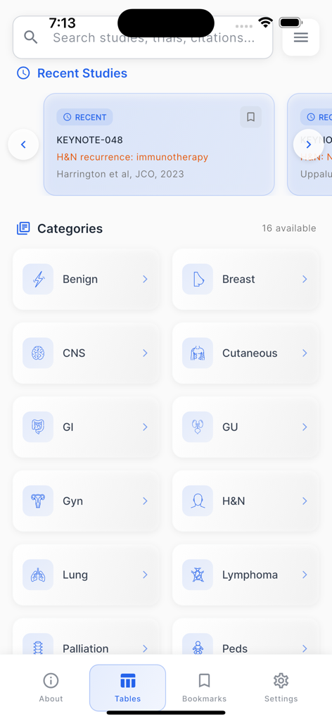Rad Onc Tables app home screen showing various medical categories and recent studies