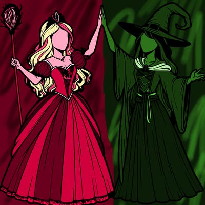 detailed realistic split of a princess and a witch