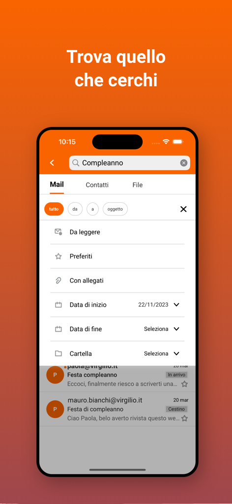 Virgilio Mail - Email App - Schermata di ricerca di Virgilio Mail che mostra filtri email e risultati di ricerca per una festa di compleanno
