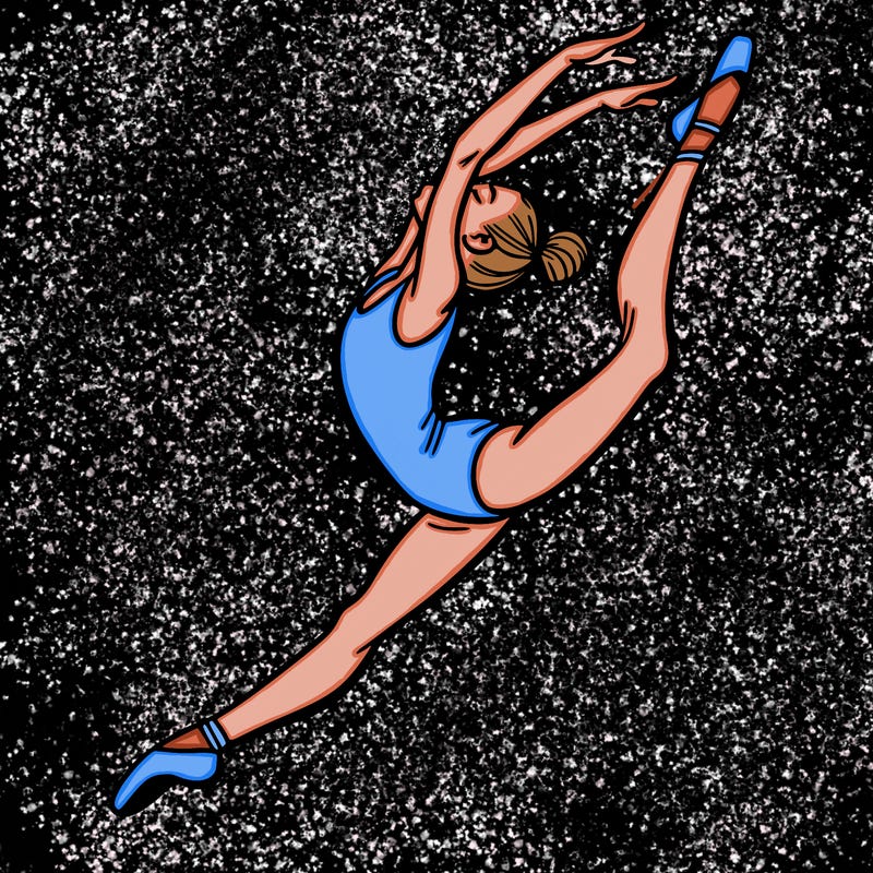 gymnast doing a leap in a leotard with a bent back leg