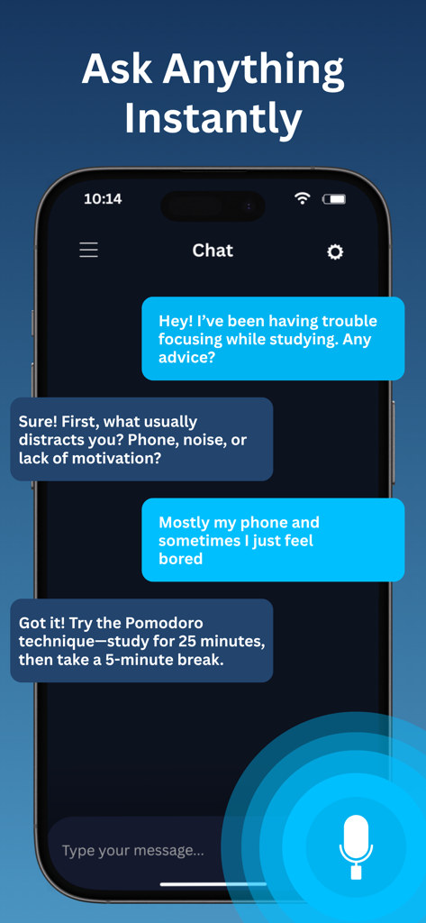 BlueTalk AI - BlueTalk AI mobile chat screen showing an interactive conversation with a virtual assistant about productivity.