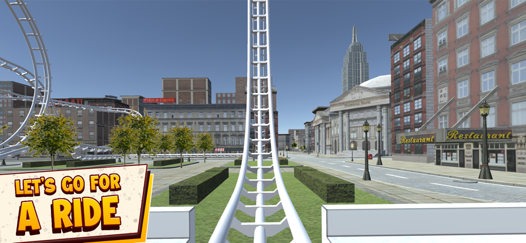 VR Roller Coaster Adventures - Blick aus der Ego-Perspektive auf eine virtuelle Achterbahnstrecke, die durch eine städtische Umgebung mit Gebäuden und einer Nationalbank führt.