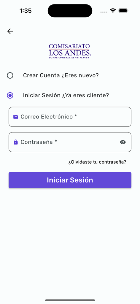 Comisariato Los Andes - Pantalla de inicio de sesión para la aplicación de comestibles Comisariato Los Andes con campos de correo electrónico y contraseña
