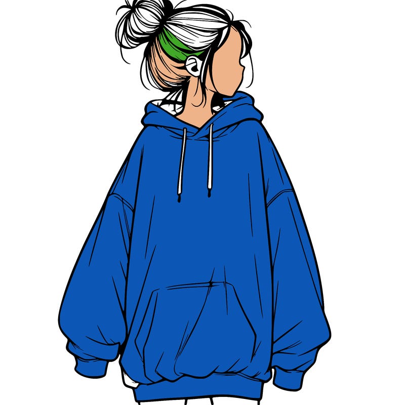 realistic girl with a oversized sweatshirt on and a bun