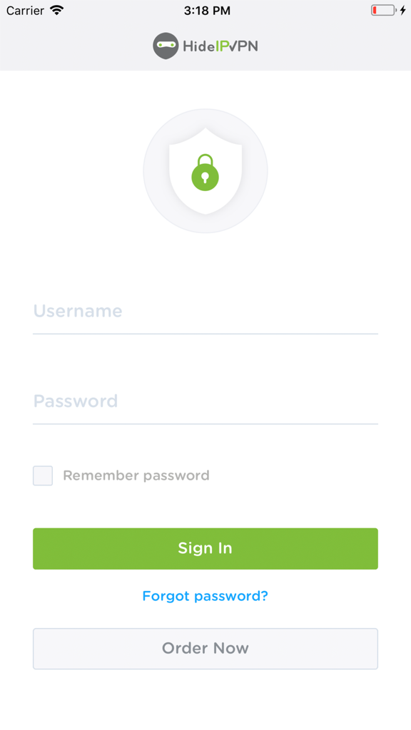 HideIPVPN mobile app login screen with username and password input fields and a shield lock icon