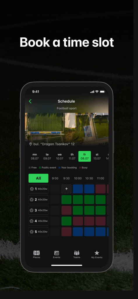 SportsBooking - Mobile app screen showing a schedule grid for booking football field time slots with color coded availability