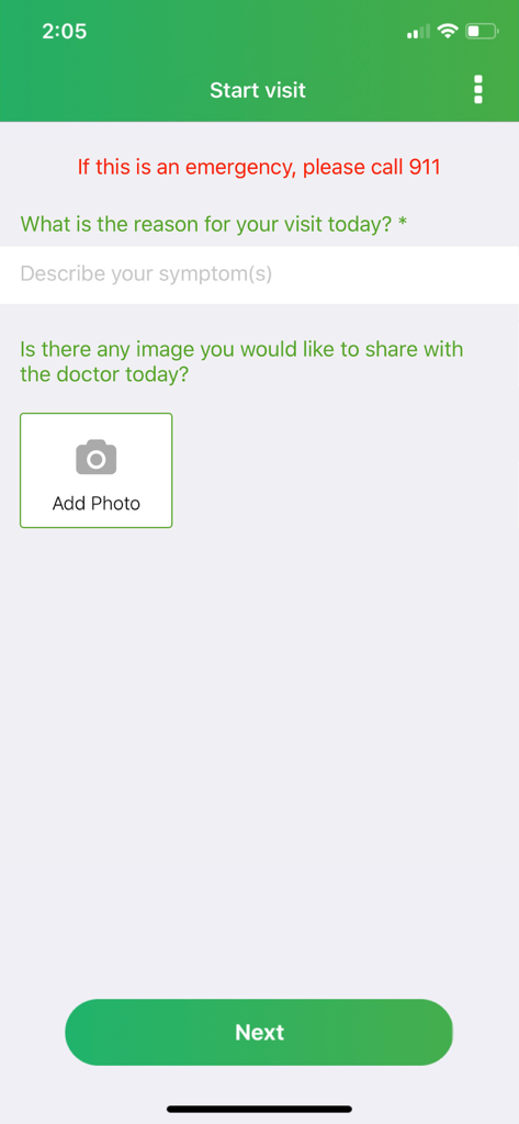 VSee Clinic for Patient - VSee Clinic app screen for patients to describe symptoms and upload photos before a consultation