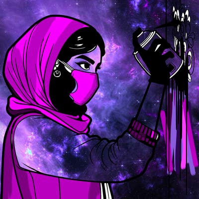 realistic girl with mask spray painting a wall