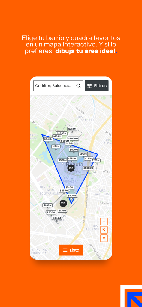 Metrocuadrado - Interactive map on the Metrocuadrado app showing a custom drawn search area with property price tags in Bogota