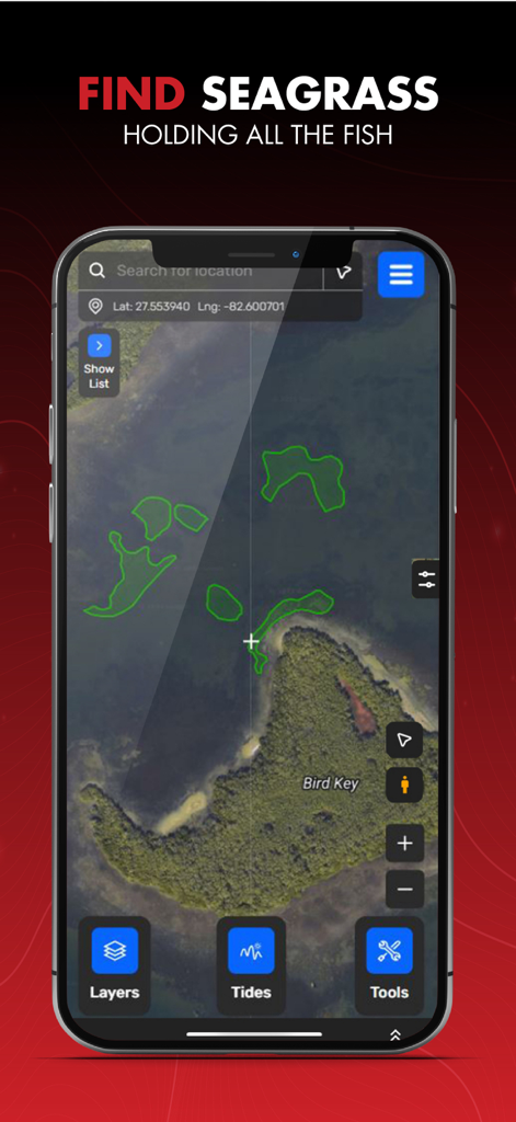 Salt Strong Smart Spots - Salt Strong Smart Spots app interface showing seagrass layers on a satellite fishing map