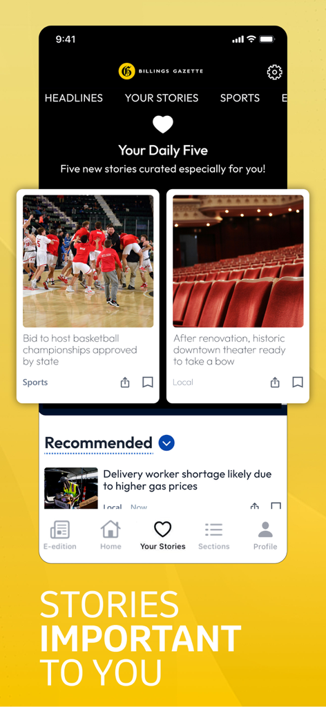 Billings Gazette - Interface of the Billings Gazette app showing a curated daily news feed titled Your Stories with local sports and community news cards