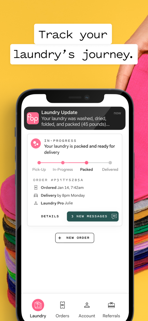 Poplin: Laundry Service - 集荷から配達までのステータス更新を含む、リアルタイムの洗濯追跡進捗バーが表示されたスマートフォンのインターフェース。