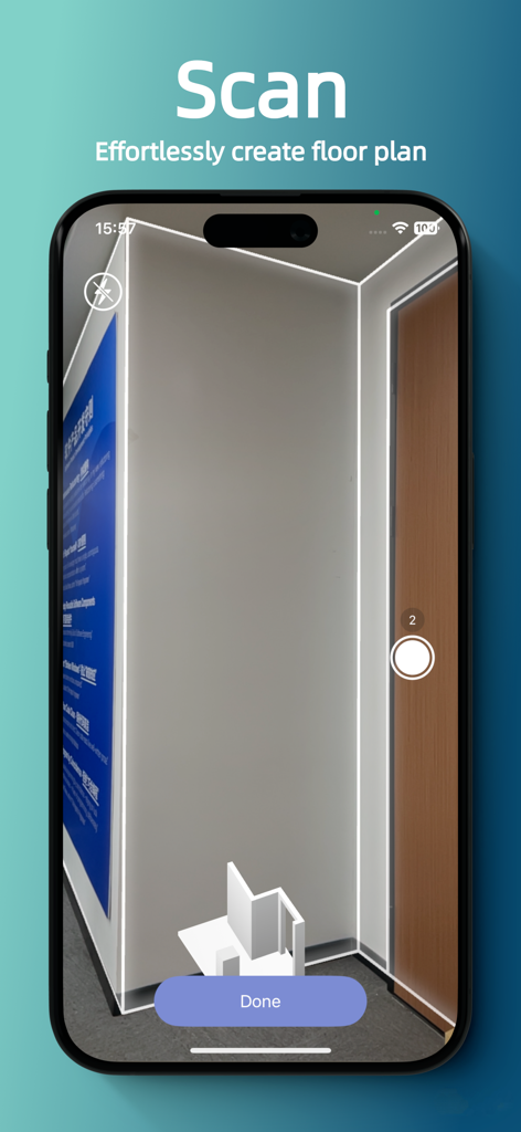 Room Scanner - Easy Measure Rm - Smartphone-Oberfläche, die AR-Raumabtastung zur Erstellung eines 3D-Grundrisses zeigt