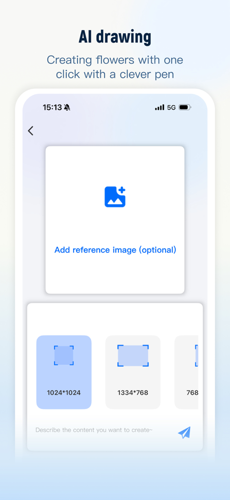 NebulaBuds - Pantalla de la aplicación NebulaBuds para dibujo con IA que muestra la carga de imágenes de referencia y herramientas de selección de resolución