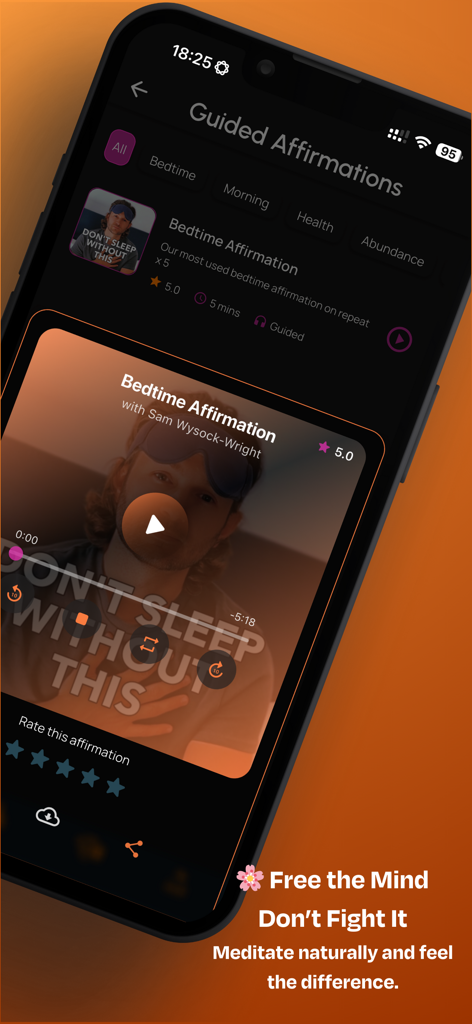 Soma: Wellness & Meditation - Soma app interface showing a guided bedtime affirmation session for sleep and relaxation