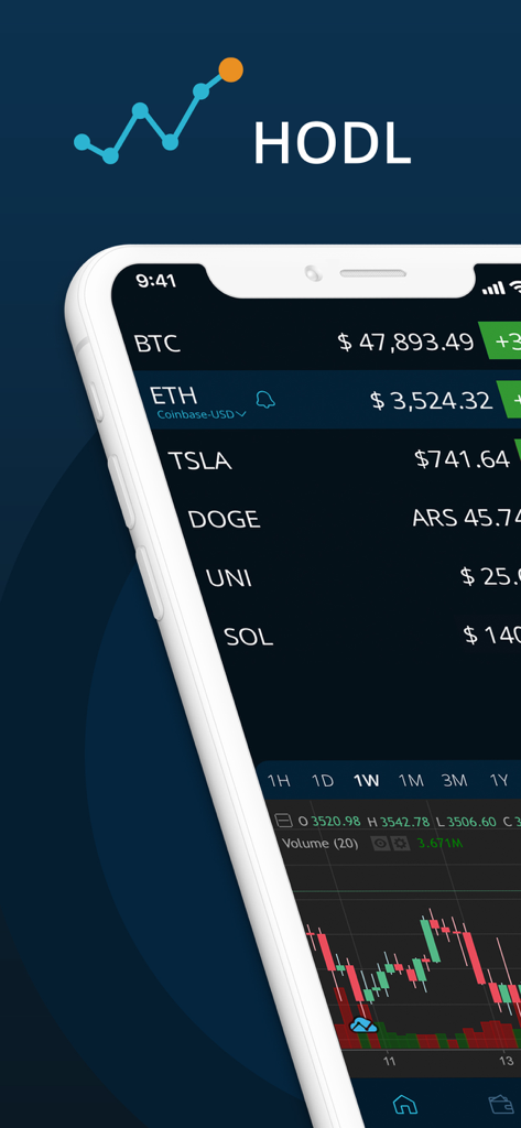 HODL app showing real-time cryptocurrency prices and market charts on a smartphone