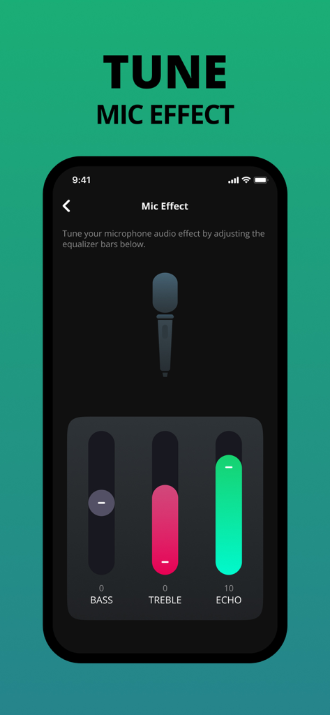 JBL PartyBox app mic effect screen with sliders for bass treble and echo