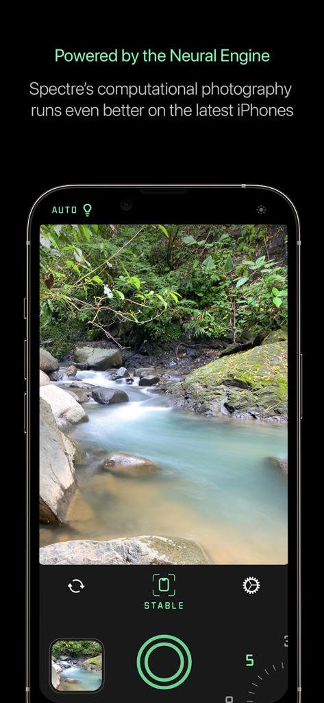 Spectre Camera - Spectre Camera app interface displaying a long exposure photograph of a waterfall