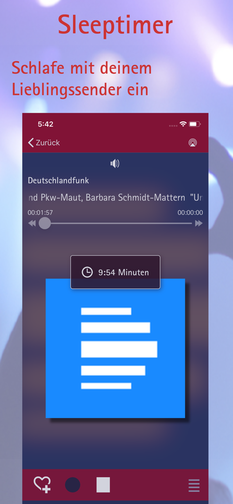 phonostar Radio - Radioplayer - Die Benutzeroberfläche der phonostar Radio App, die die Sleep-Timer-Funktion auf einem iPhone zeigt.