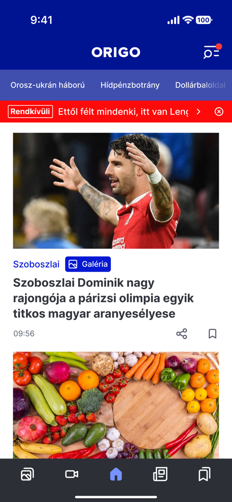 Origo hírek mobilalkalmazás felülete, amely hírcsatornát mutat magyar nyelvű sporthírekkel és friss hírekkel