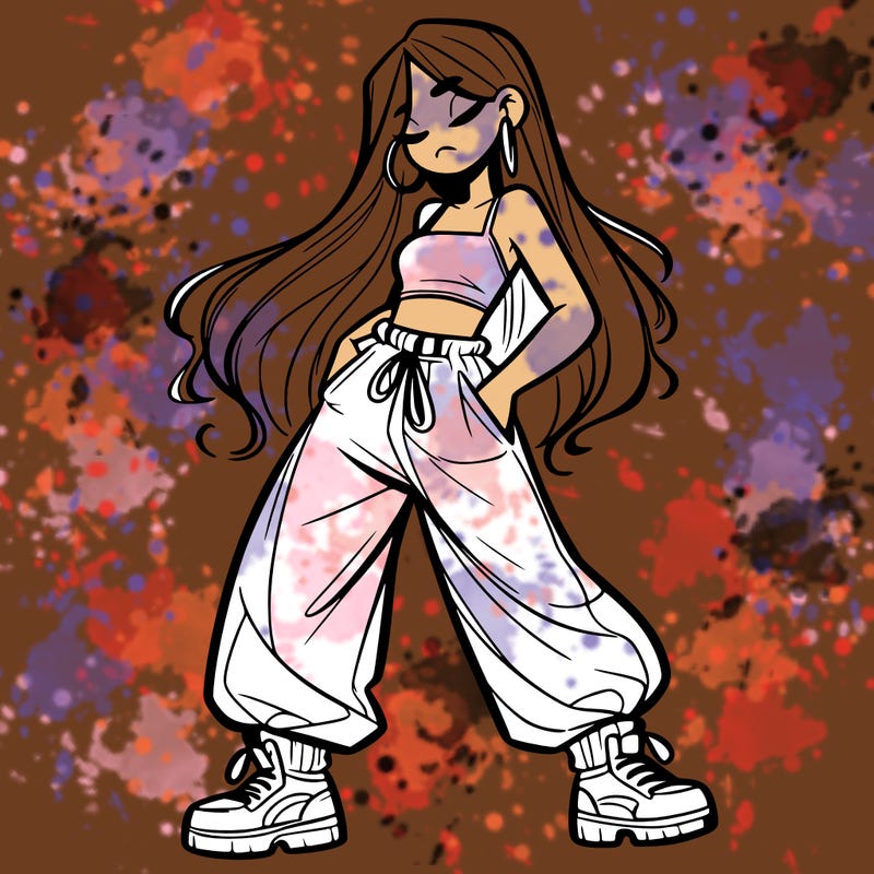 girl in baggy pants crop top and long hair
