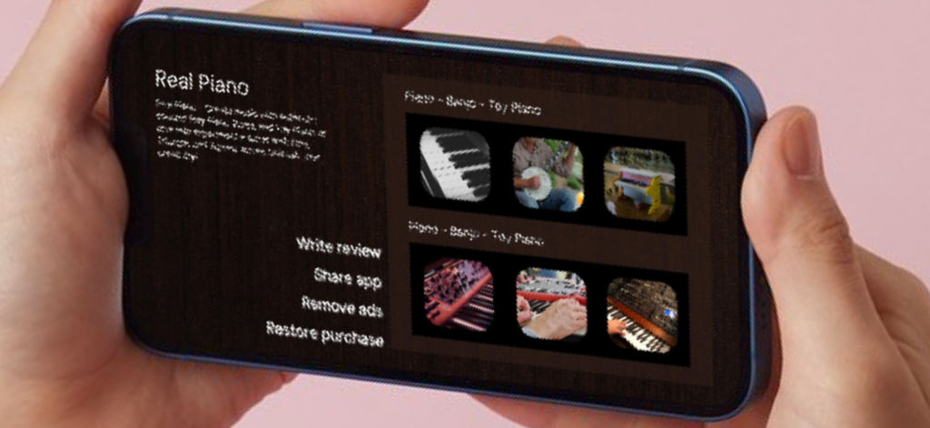 Real Piano app interface on a smartphone screen showing instrument options like piano and banjo