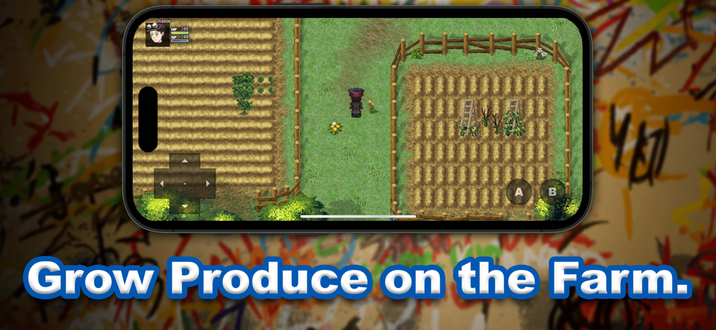 The Tribe Game - Une scène RPG vue de dessus de The Tribe Game montrant un personnage debout dans une zone agricole avec des champs de culture et des clôtures.