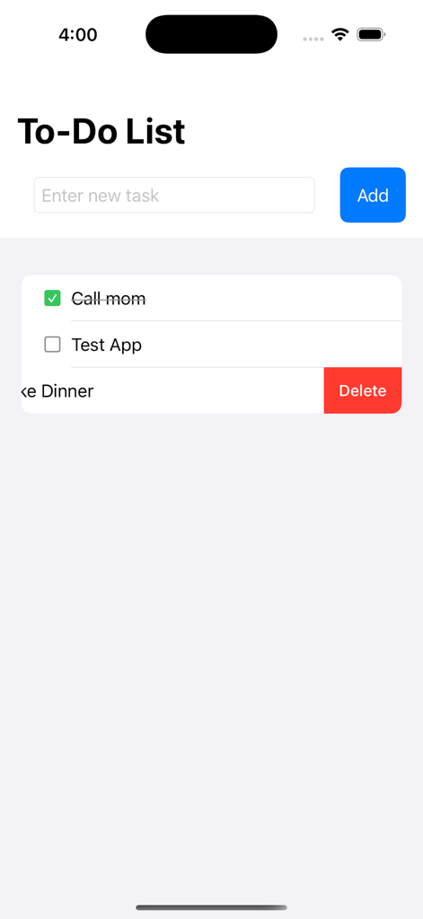 Minimalist task list interface showing a to-do list with a delete action on one item.