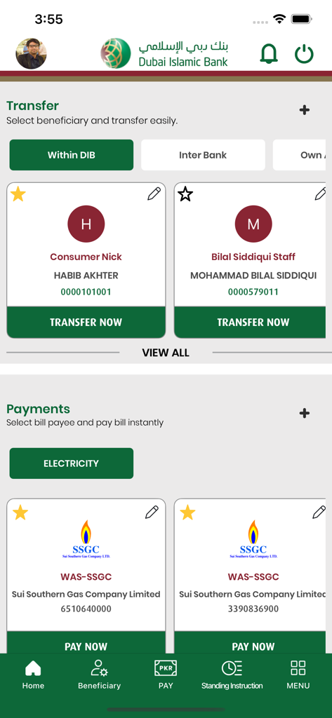 DIB Pakistan - Mobile banking dashboard of DIB Pakistan app showing fund transfer options and utility bill payments.