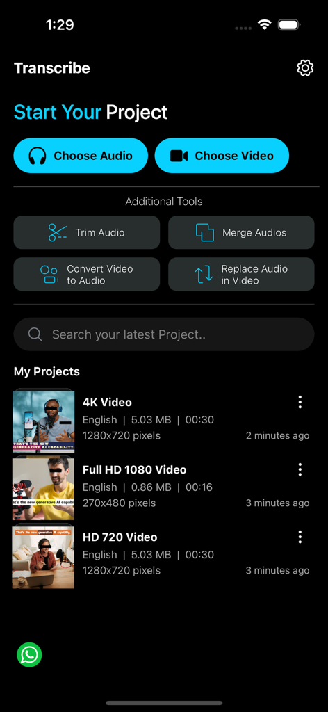 Transcribe 앱의 메인 인터페이스로, 편집 도구가 있는 오디오 및 동영상 프로젝트 시작 옵션 표시