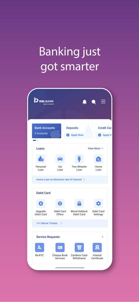 RBL MyBank (Prev. RBL MoBank) - RBL MyBank app dashboard showcasing loan options debit card settings and service requests for convenient mobile banking