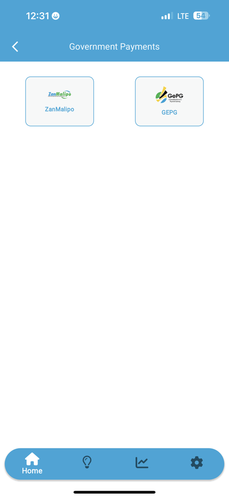 Interfaccia dei pagamenti governativi nell'app PBZ che mostra opzioni per ZanMalipo e GEPG.