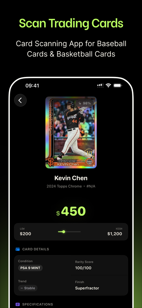 SnapCard: Sports Card Scanner - SnapCard app interface showing the market value and condition details of a scanned baseball card.