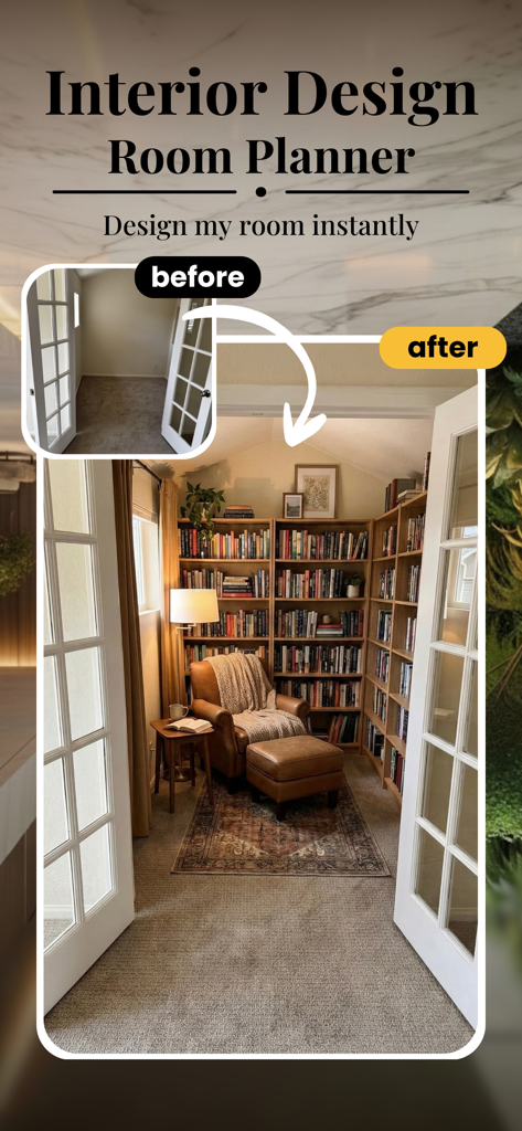 House AI - Interior Design Pro - Before and after comparison of an empty room transformed into a cozy library using House AI room planner.