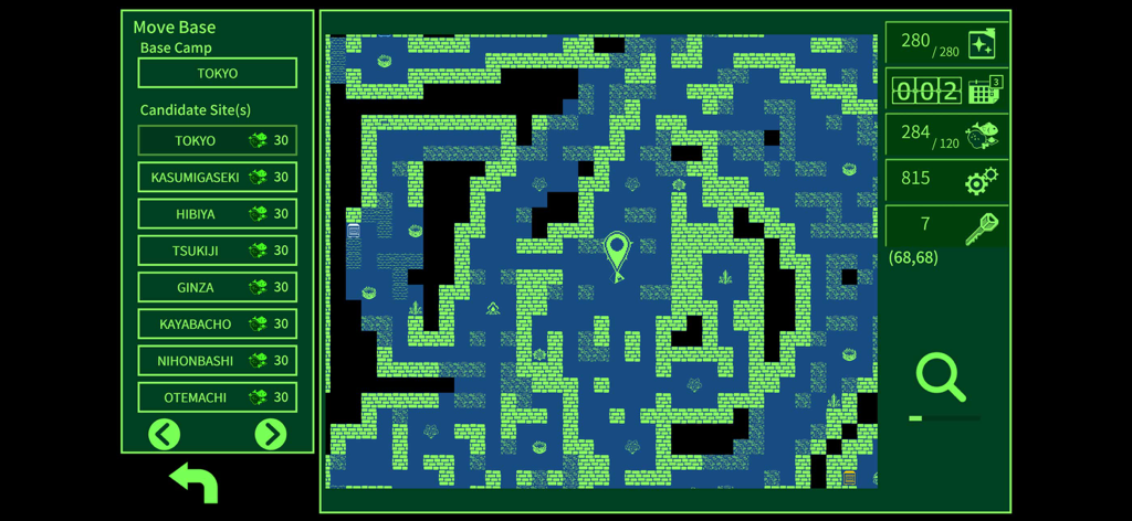 METRO QUESTER - Hack & Slash - Retro green grid map and Tokyo base selection screen in Metro Quester RPG