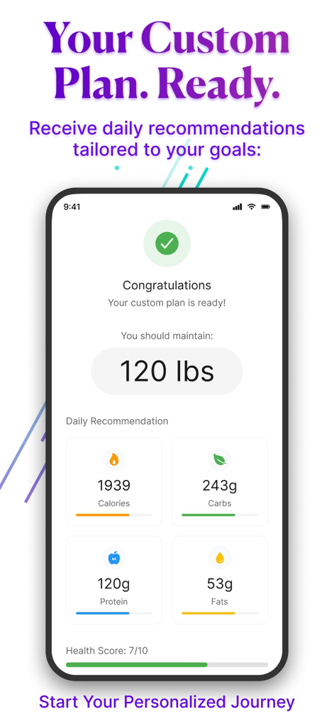 Ai Food Scanner - Snap Calorie - Mobile app screen showing a personalized nutrition plan with daily targets for calories protein carbs and fats
