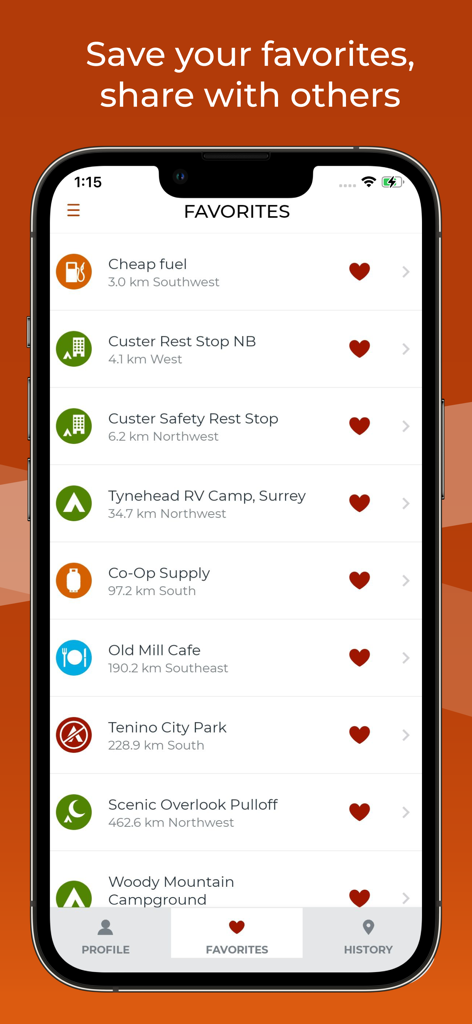 A smartphone screen showing favorited travel locations like campsites and fuel stations in the iOverlander 2 app.