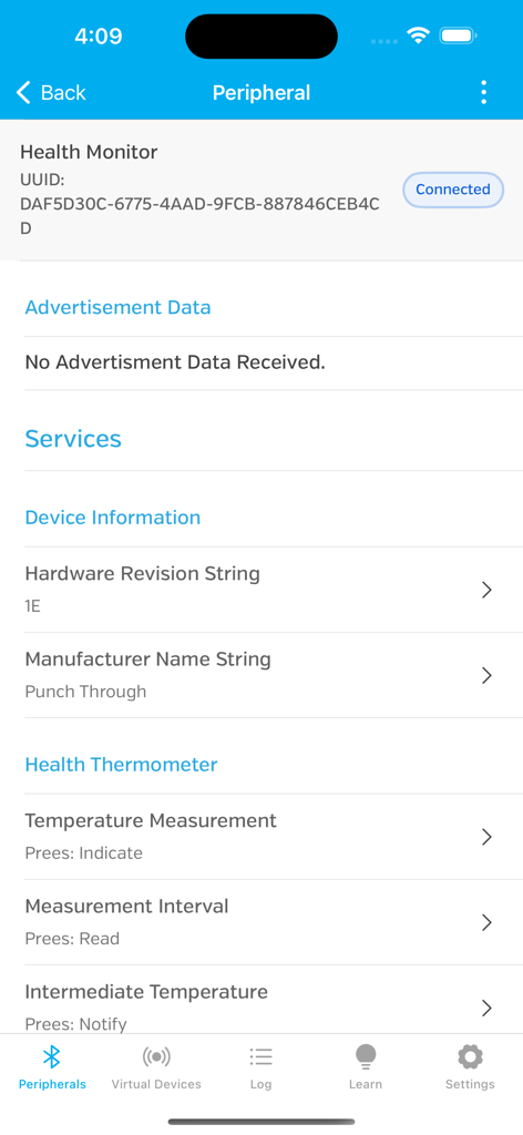LightBlue app interface showing services and characteristics for a connected health monitor peripheral