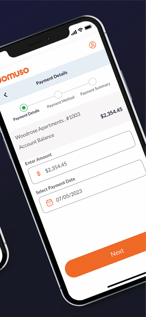 Domuso Resident Portal - Domuso app screen showing rent payment details with account balance and date selection fields