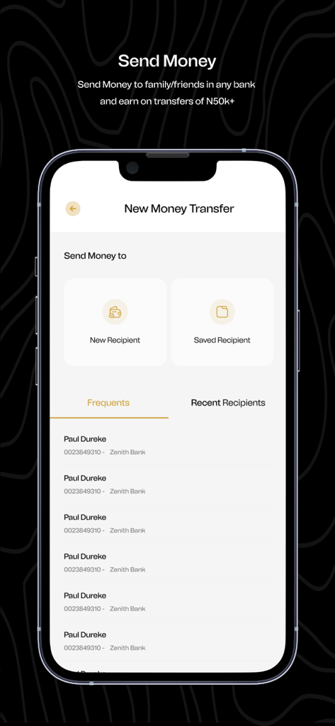 Mintyn mobile app interface for sending money to recipients in Nigeria