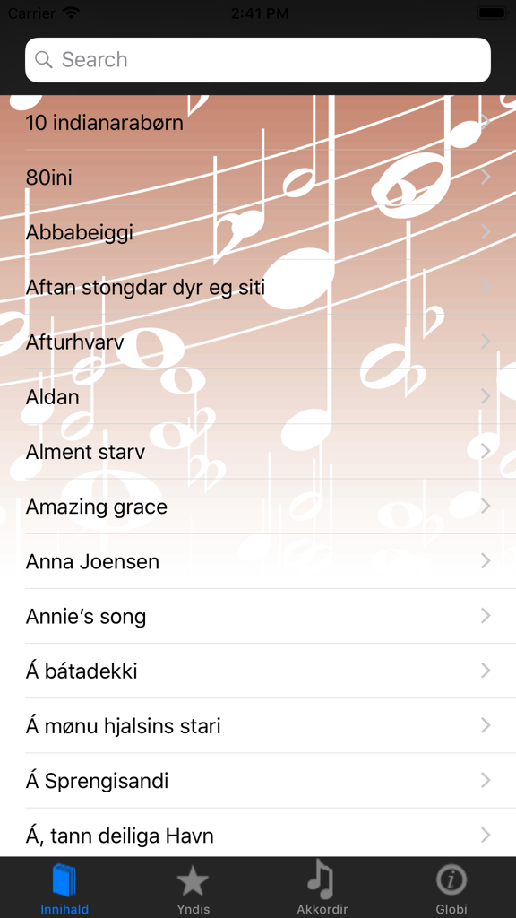 Okkara Sangbók - A list of songs in the Okkara Sangbok Faroese songbook app with a search bar and musical background
