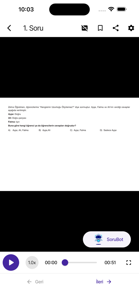 MUBA Video Çözüm - A video player interface within the MUBA Video Çözüm app displaying a multiple-choice question in Turkish.