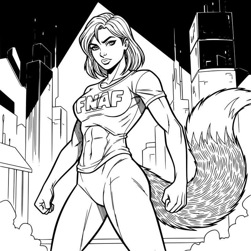 a girl with a shirt that says fnaf with a a fluffy tail