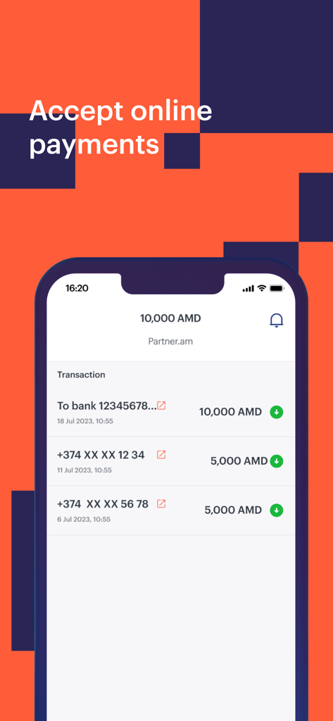 Telcell Business - Smartphone screen showing the Telcell Business app transaction history and online payment feature