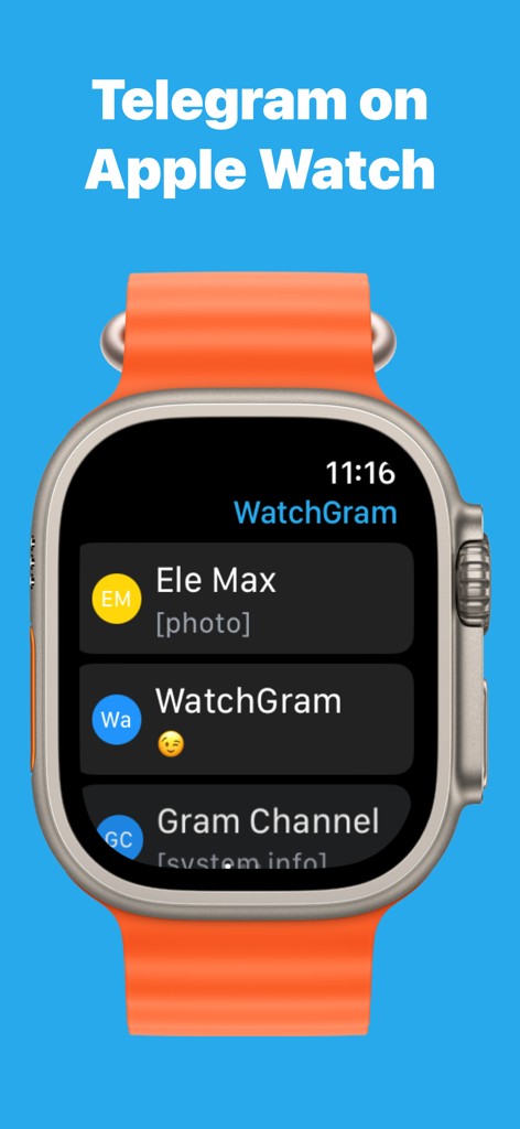 WatchGram app interface on an Apple Watch displaying a list of Telegram chats