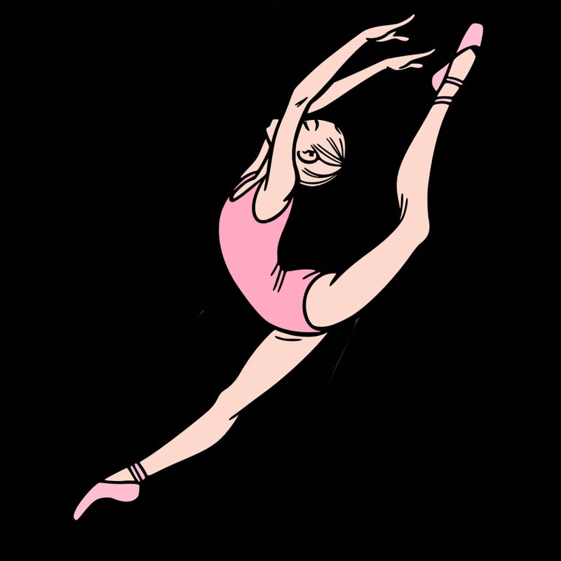 gymnast doing a leap in a leotard with a bent back leg