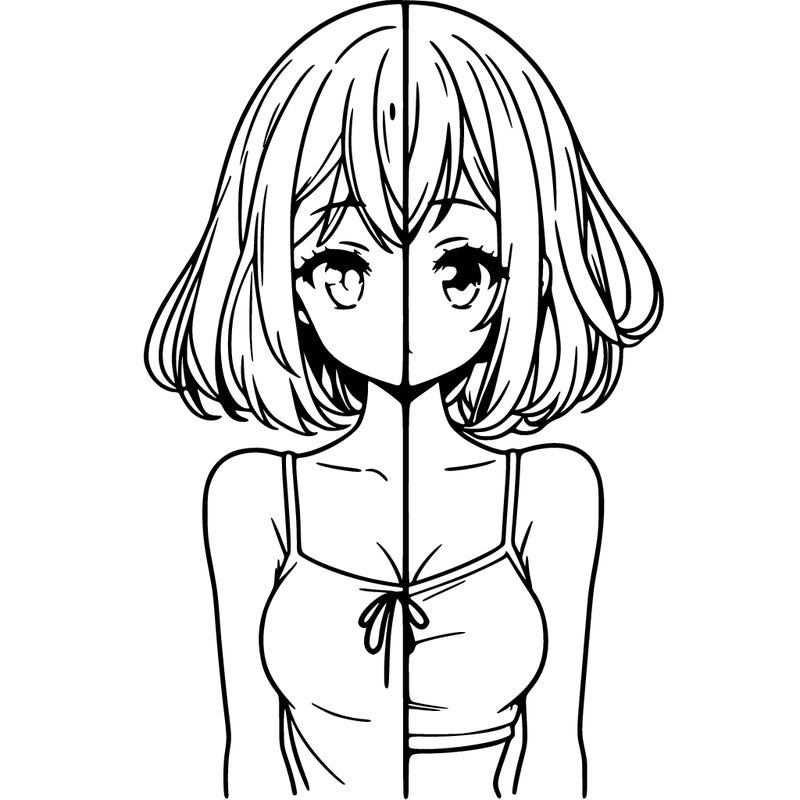 anime girl split one side has short hair to her shoulders and the other has long hair to her knees