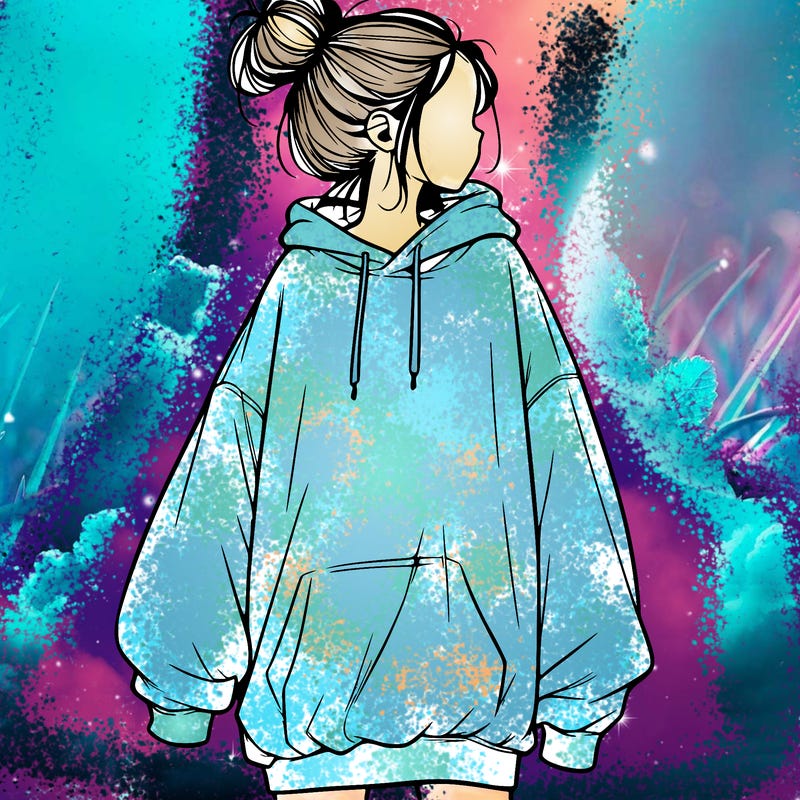realistic girl with a oversized sweatshirt on and a bun
