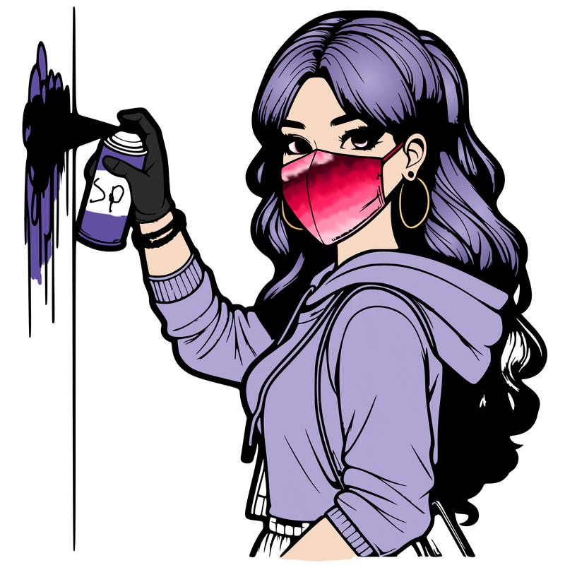 realistic girl with mask spray painting a wall