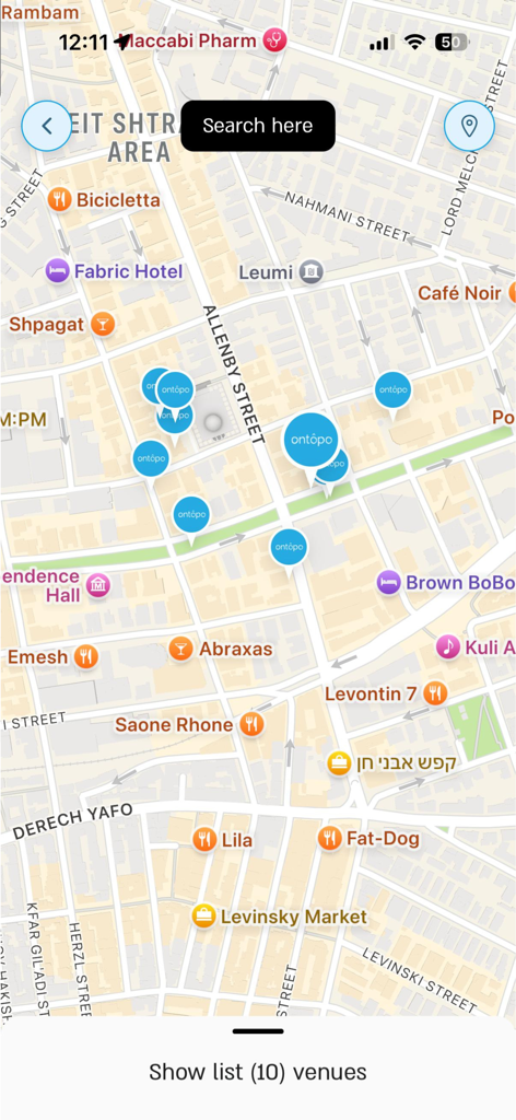 Map view in the ontopo app showing available restaurant locations in a city area.